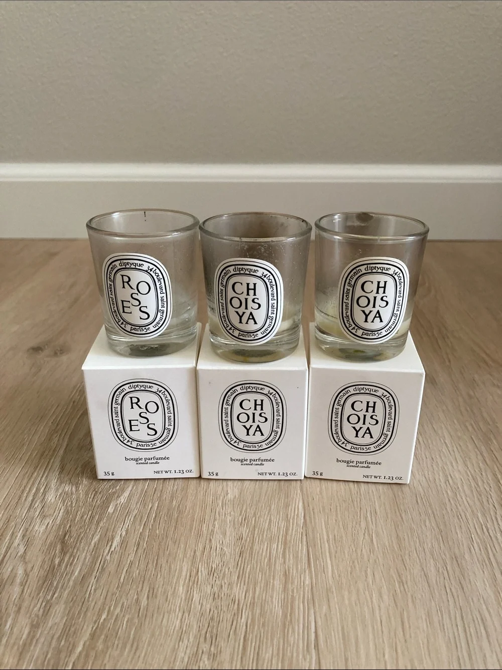 Set of 3 diptyque White Glass Votive Candle (Roses & Choisya)